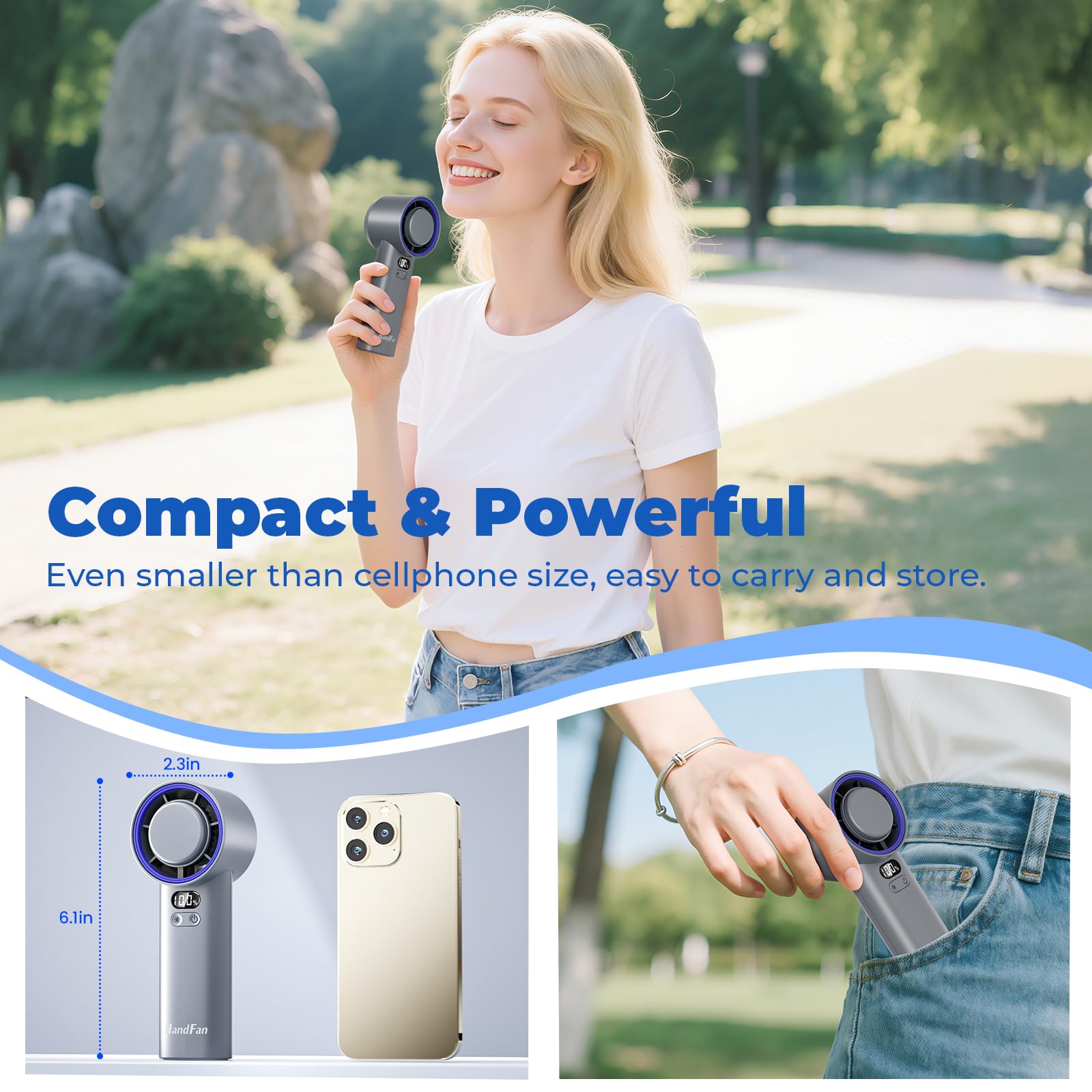 HandFan 5200mAh High Speed Handheld Turbo Fan, 13000 RPM Powerful Cooling Ice Fan, Portable Mini Fans Rechargeable, 100 Speeds Adjustable, for Summer Beach Travel Concerts, Gifts for Women(Gray)