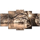 Nachic Wall Large 5 Piece Canvas Wall Art Tree By Lake at Sunset Picture Canvas Prints Vintage Sepia Landscape Photo Painting for Home Office Decor