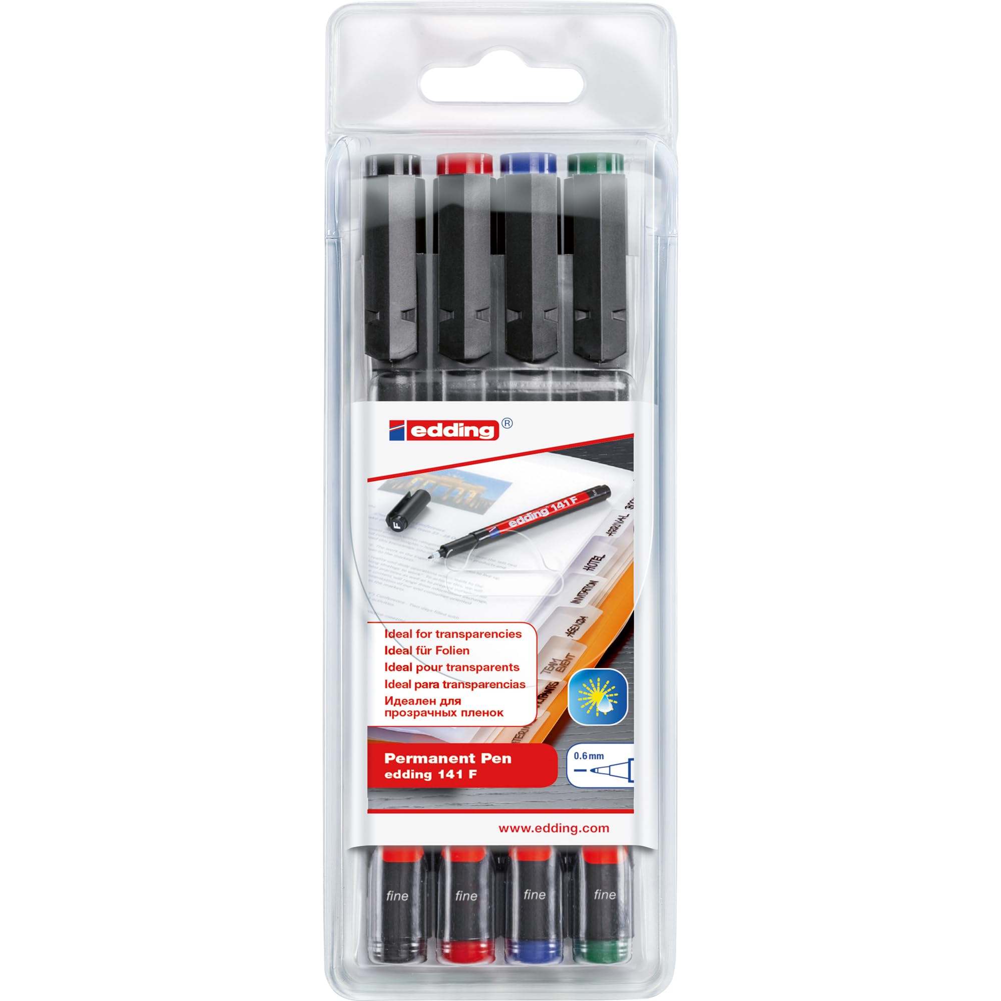 edding 141 F permanent pen - set of 4 - multi-coloured - round nib 0.6 mm - pen for writing on glass, plastic, foils and smooth surfaces - permanent, quick-drying, smudge-proof and waterproof
