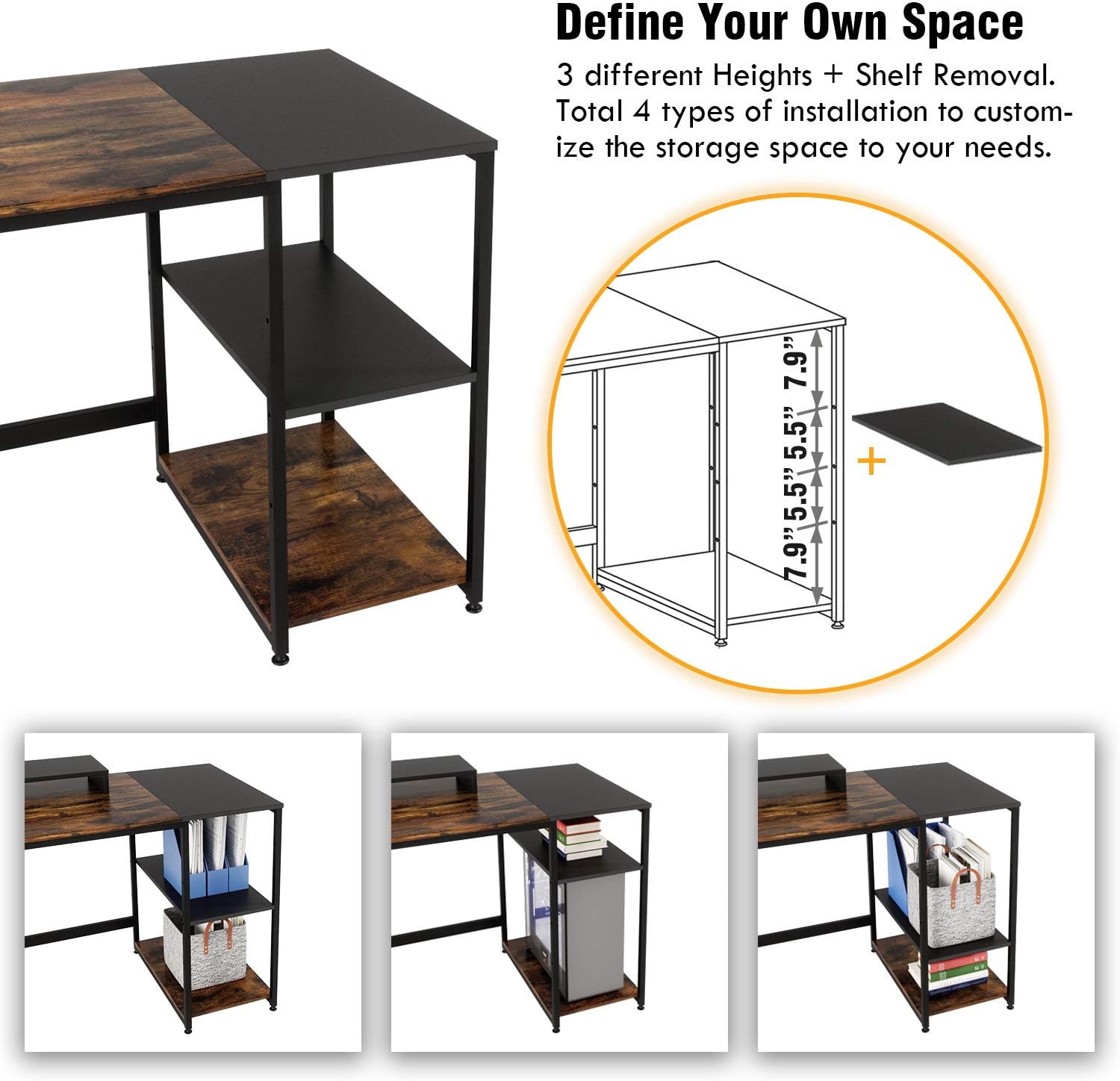 Nost & Host Computer Desk with Storage Shelves and Free Large Monitor Stand, Sturdy Wooden Modern Industrial Home Office PC Laptop Study Writing Table Workstation, 47.2 inches, Rustic Brown and Black: Kitchen & Dining