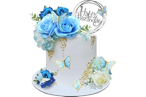 BANBALLON 19 PCS Flower Cake Toppers Butterfly Happy Birthday Cake Decorations with Artificial Blue Rose Flowers Eucalyptus Butterflies for Party Wedding Baby Shower Supplies (Blue)