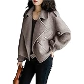 utcoco Women Cropped Wool Coats Notched Lapel Pea Coat Open Front Trench Overcoat Jackets with Pockets