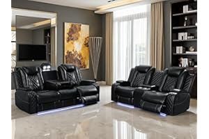 TOSESLO Living Room Furniture Sets with LED Light, Power Recliner Sofa Set,Leather Sectional Sofa and Loveseat Set, Modern Power Reclining Sets with Storage Console/Cup Holder for House(Black)