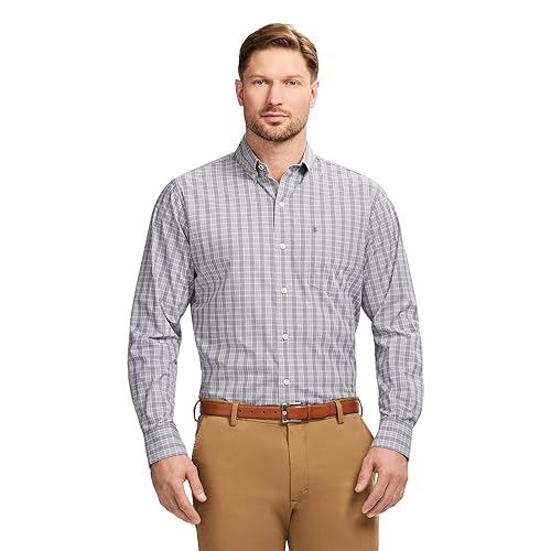 IZOD Men's Performance Comfort Long Sleeve Plaid Button Down, Asphalt