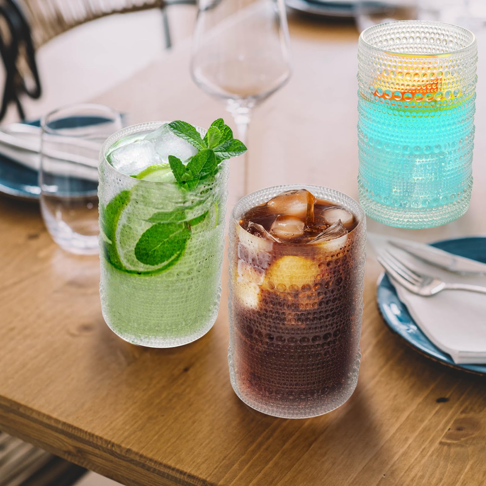 Ulable Hobnail Drinking Glasses, 13.5 oz Clear Drinking Glasses, Vintage Glassware, Water Glasses Set of 6 for Beer, Cocktail, Soda, Whiskey, and Various Mixed Drinks