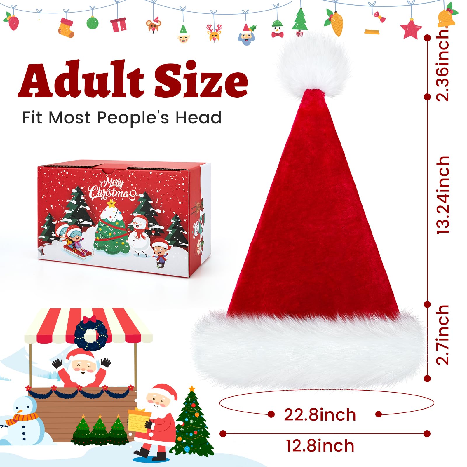 RJVW Christmas Santa Hat for Adults, Thicken Soft Velvet Comfort Classic Santa Claus Hat for New Year Party Headwear Holiday