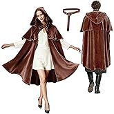 Niurui Renaissance Hooded Cape with Vintage Belt Medieval Cloak for Women and Men Hobbit Halloween Costume