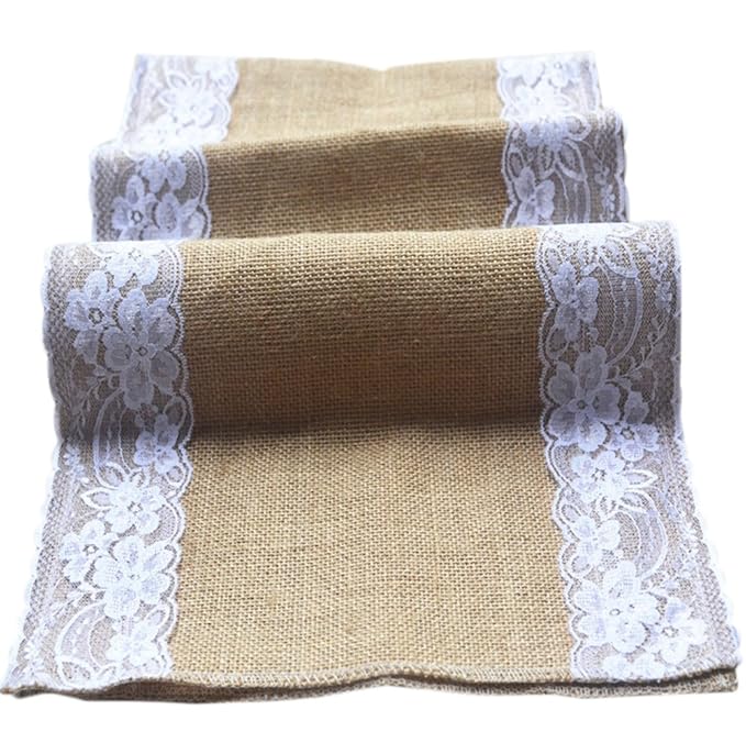 Gespout Natürliche Jute Tischlaeufer Weinlese-Sackleinen Rustic Burlap Spitze für Hochzeit Festival Party Birthday Ereignis Tischdekoration,30 * 275cm Weiße Spitze