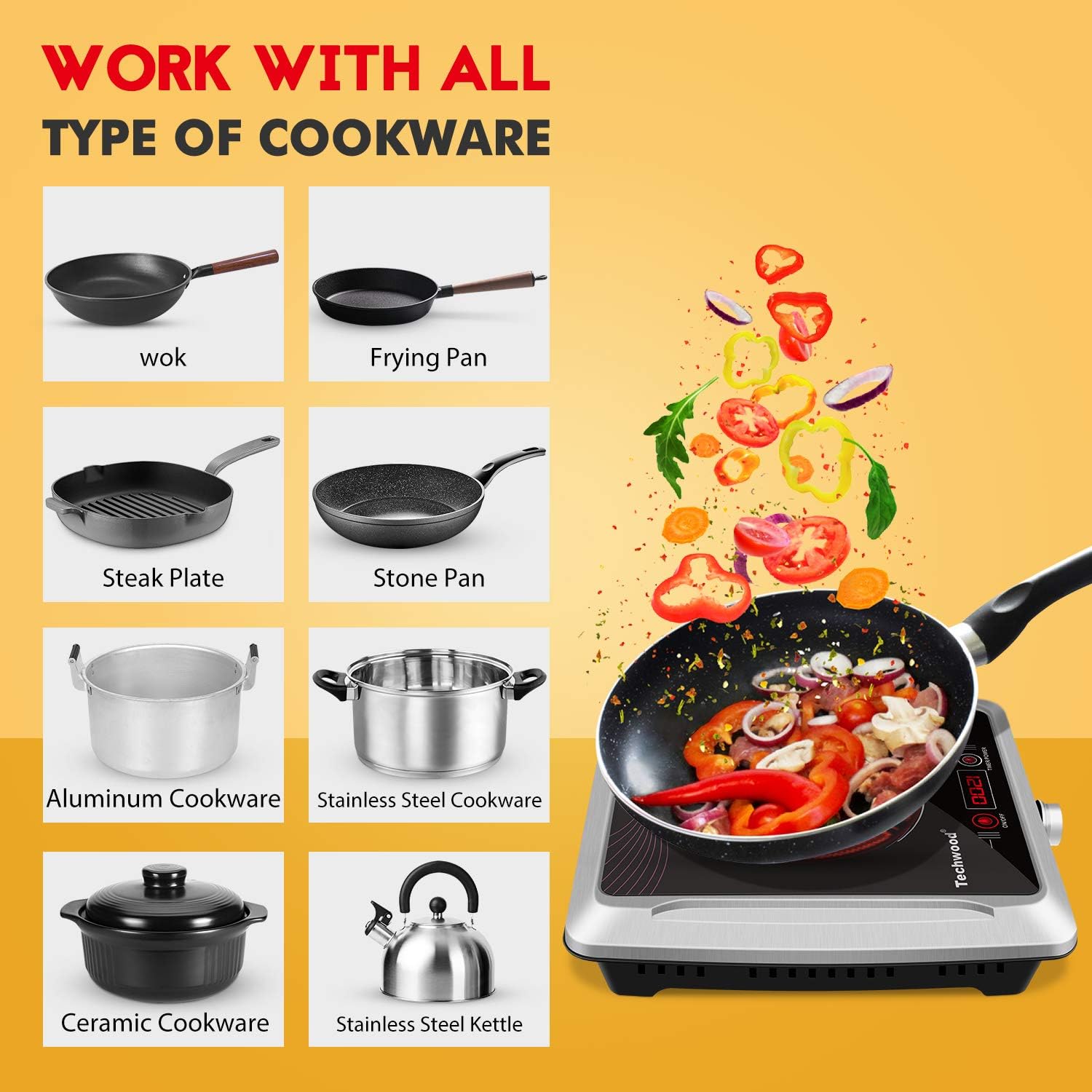 Techwood Hot Plate Electric Stove Single Burner Countertop Infrared Ceramic Cooktop, 1500W Timer and Touch Control, Portable Compatible All Cookware, Ceramic Glass & Stainless Steel Easy to Clean: Kitchen & Dining