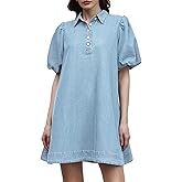 LifeShe Babydoll Denim Dress for Women Puff Sleeve Flowy Mini Jeans Dresses Button Down Jean Romper