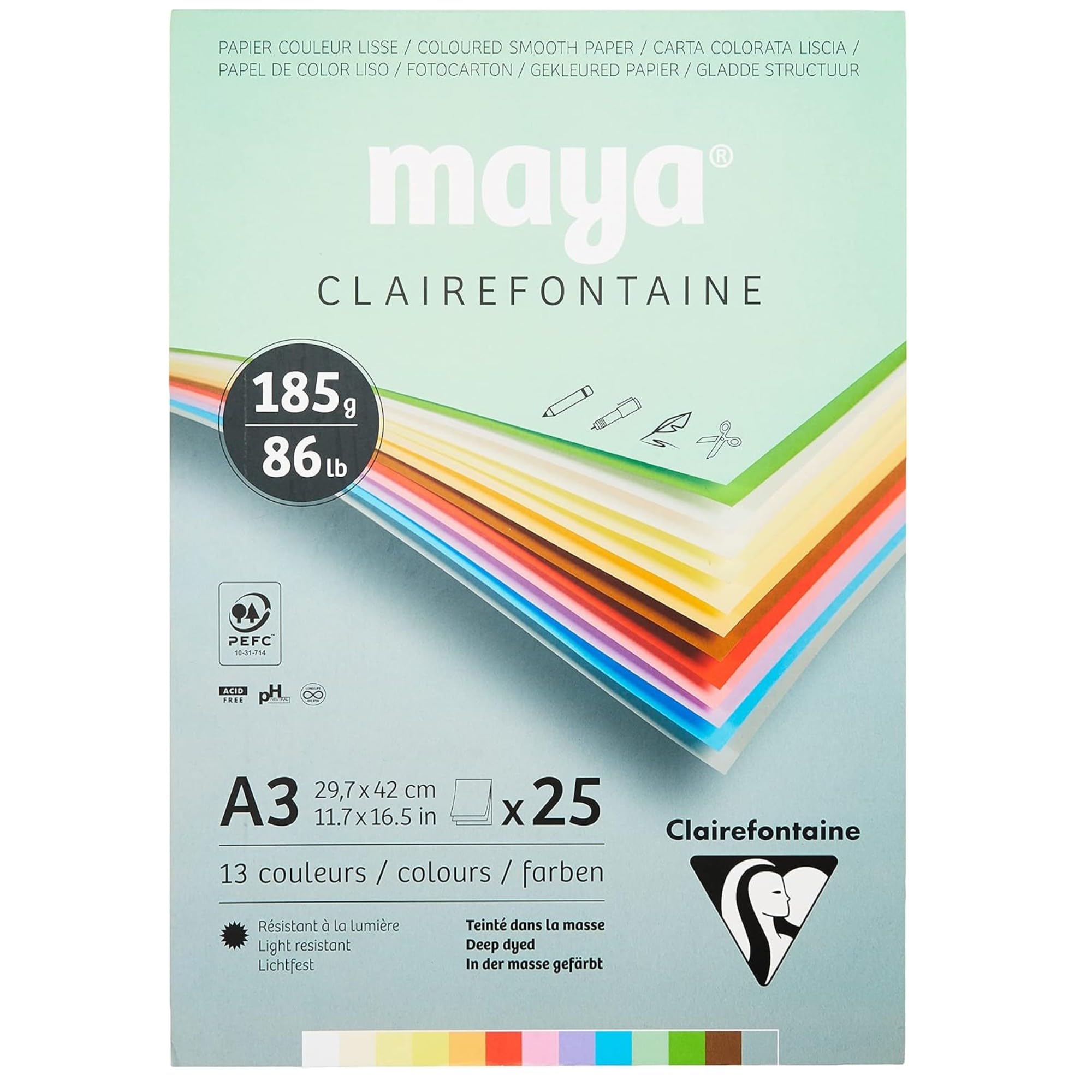 Clairefontaine - Ref 975335C - Maya Pastel Coloured Drawing Pad (Pack of 25 Sheets) - 185gsm Paper - A3 (42 x 29.7cm) - Assorted Colour - Deep Dyed, Acid Free, pH Neutral