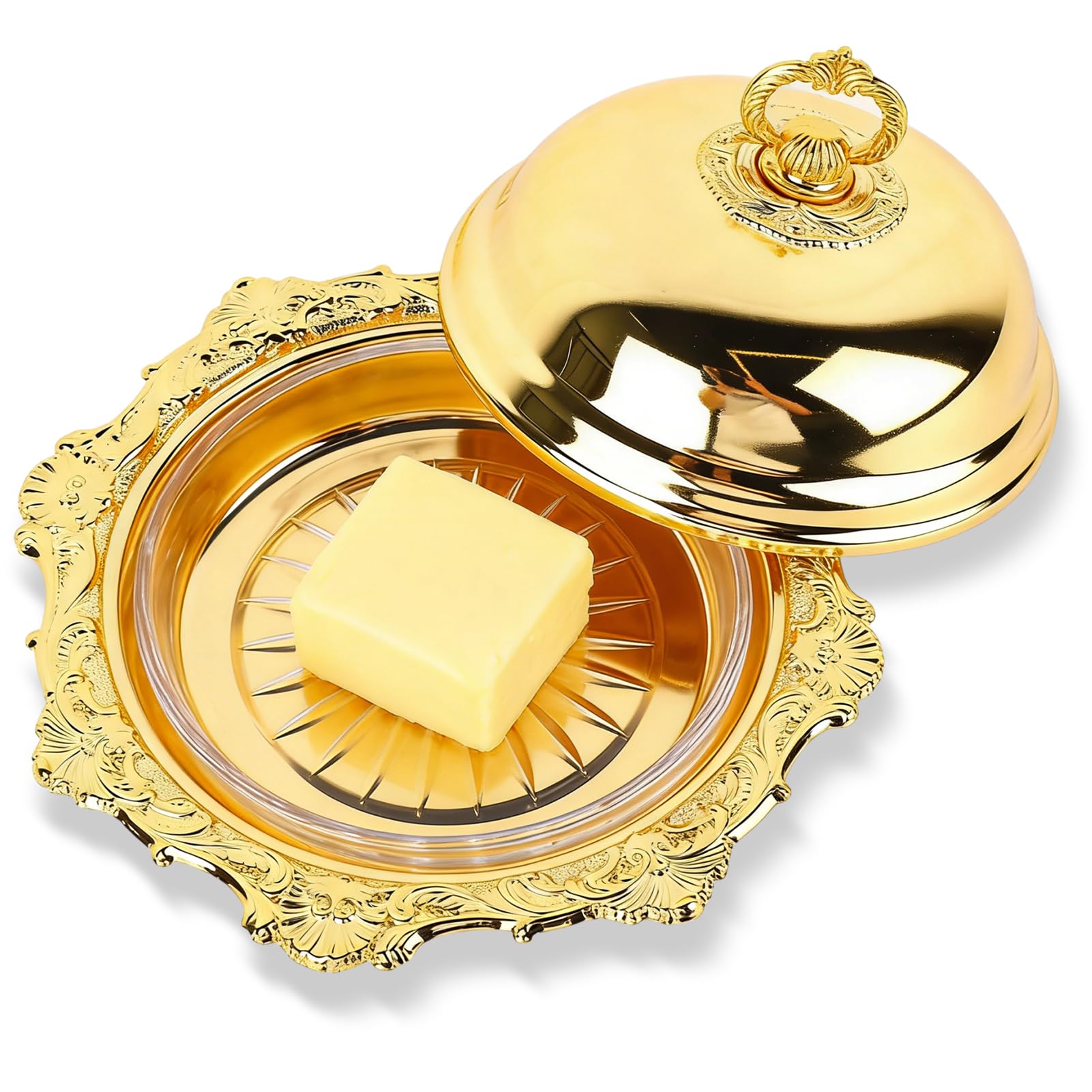 Golden Butter Dish with Lid, Round Butter Keeper Alloy Butter Container European Butter Holder Container for Countertop