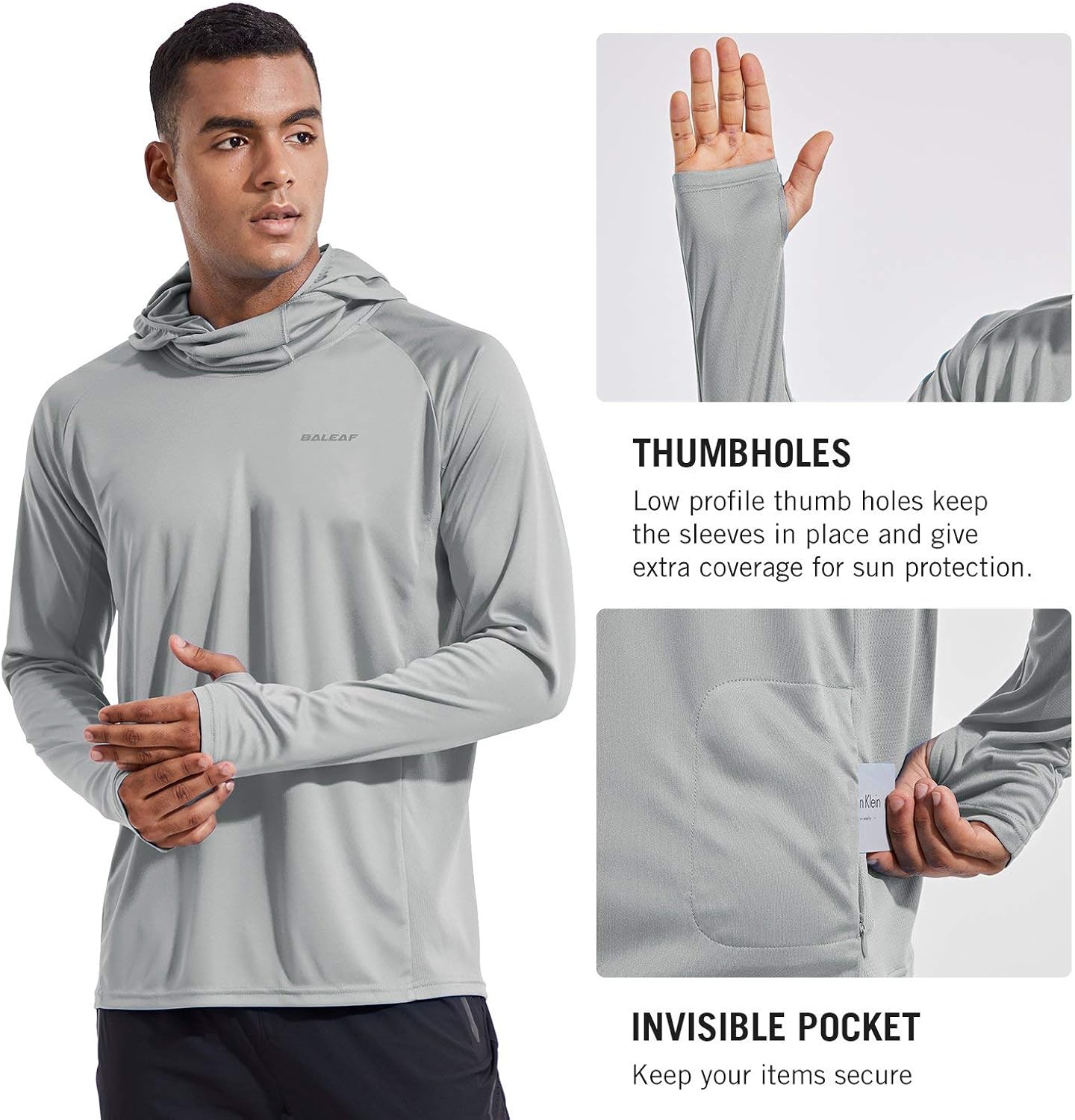 BALEAF Men's UPF 50+ Sun Protection Long Sleeve Shirts SPF Lightweight Fishing Running Thumbholes Hoodie Shirt: Clothing