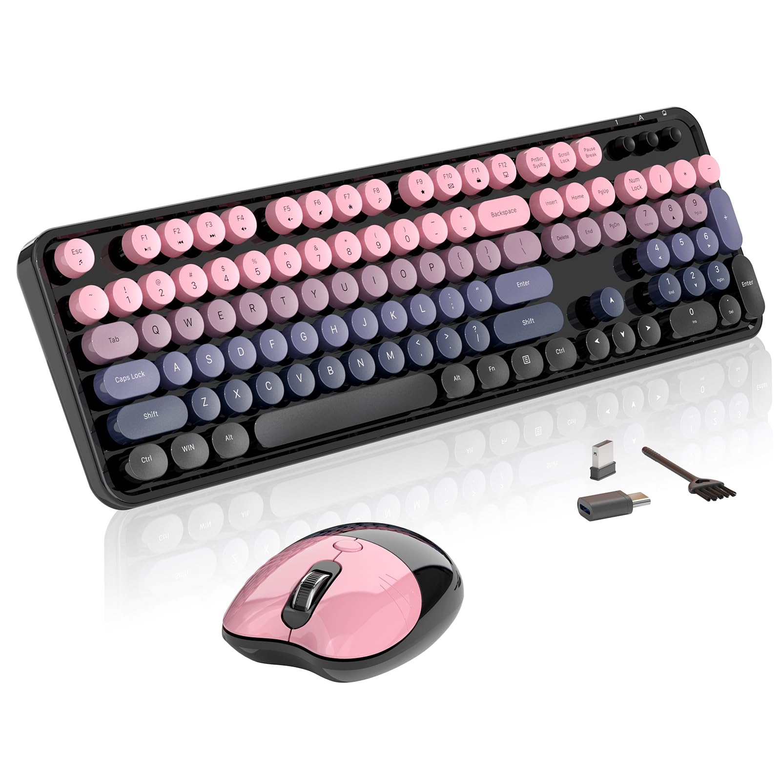 Photo 1 of Wireless Keyboard and Mouse, MOFII 104 Round Keycaps Retro Typewriter with OTG & Brush, Full-Size Ergonomic, Ideal for Windows PC, Home, Office and College Peach Pink