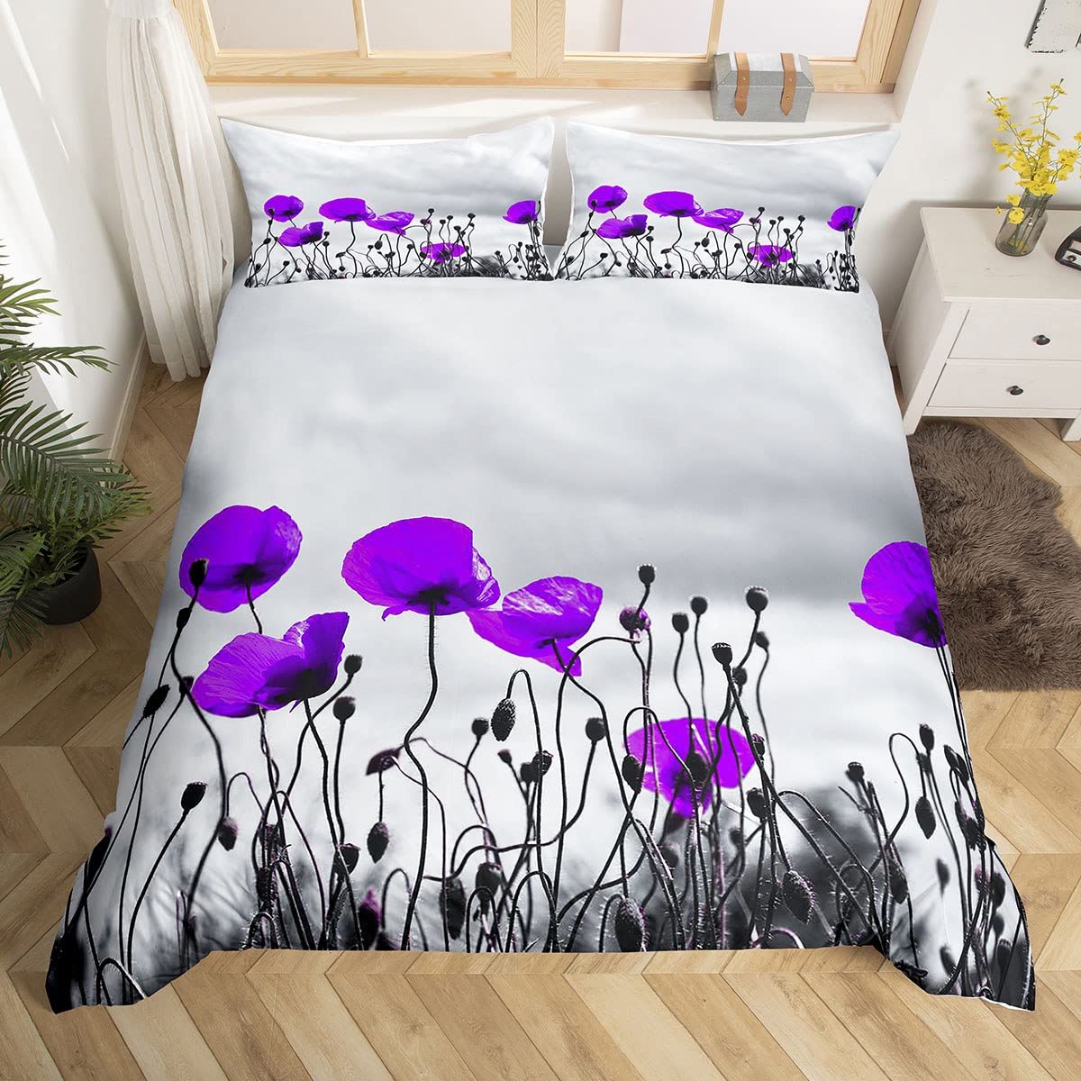 feelingyou Purple Poppy Floral Comforter Cover,Natural Flowers Theme Duvet Cover for Girls Teens Decorative Bedroom,Pastoral Plant Design Polyester Quilt Cover with 2 Pillowcases, Double Size