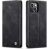 SINIANL Leather Case for iPhone 15: Flip Folio Case with Magnetic Kickstand, Card Slots, Protective Cover, Black