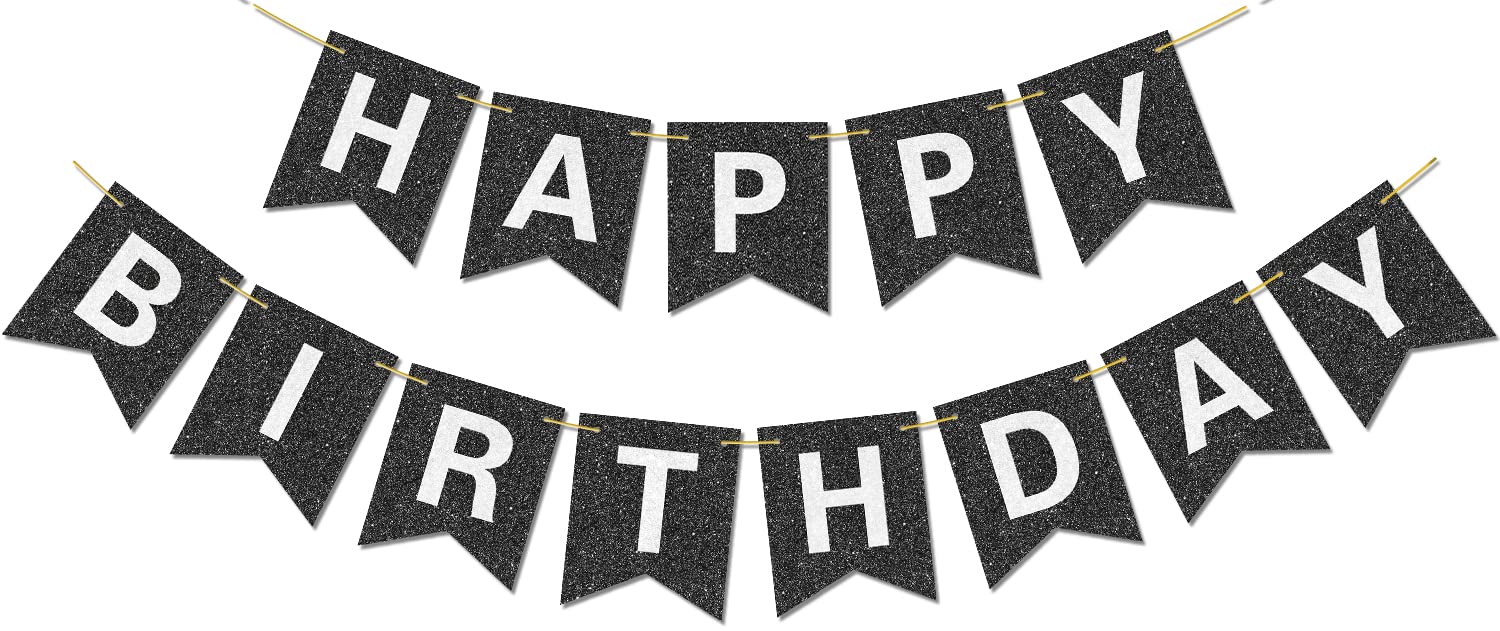 Pre-Strung Happy Birthday Banner - NO DIY - with Shiny Letters Glitter Happy Birthday Banner for Black Birthday Party Decorations and Supplies