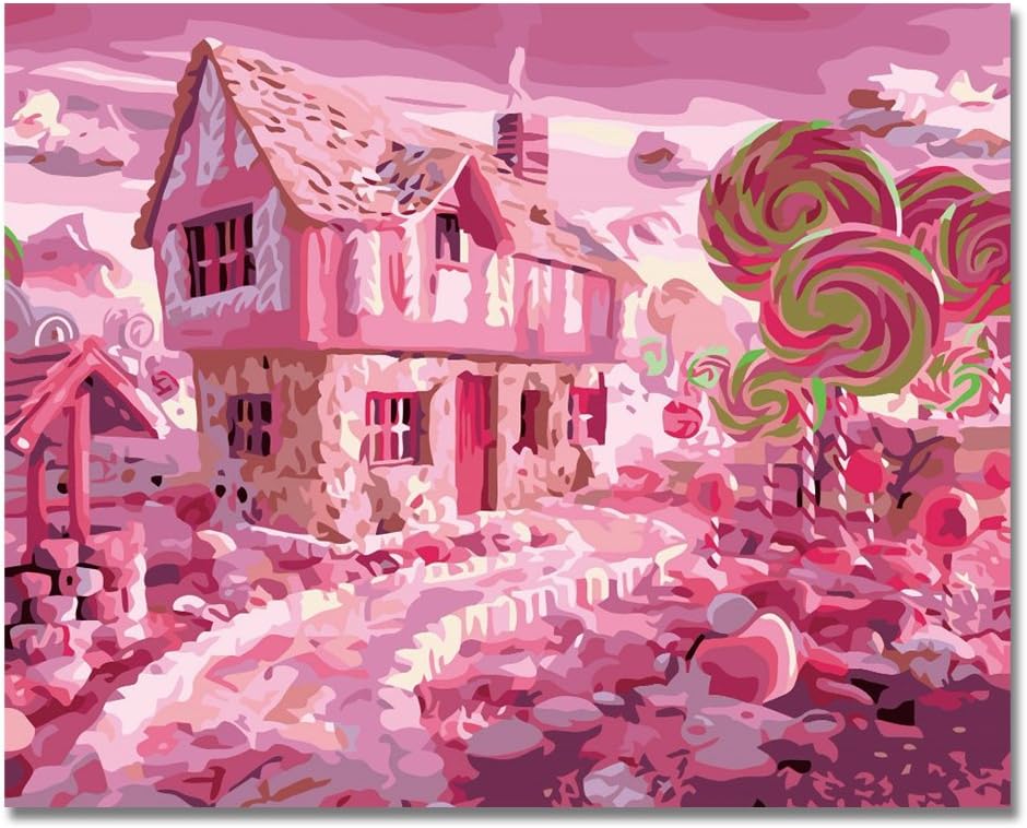 LIUDAO Paint by Numbers Kits -Oil Painting with Brushes and Acrylic Pigment,Pink Candy House (16x20 Inch Without Frame)