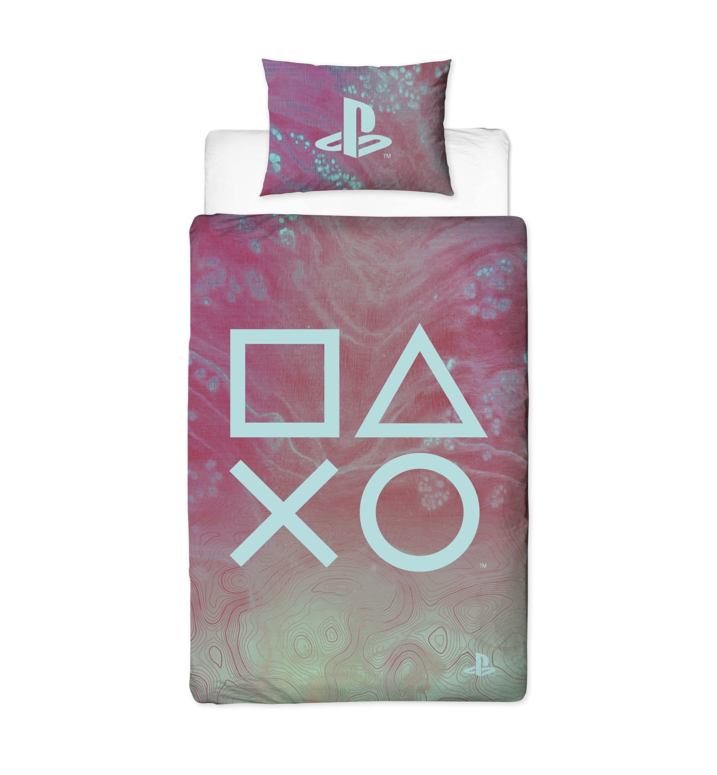 PlayStation Marble Single Duvet Cover Officially Licensed | Reversible 2 Sided Marble Design with Matching Pillowcase, Polycotton, Pink (Single)