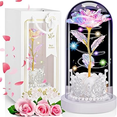 LinjunFa Eternal Rose in Glass Dome with LED Lights Gift for Mum