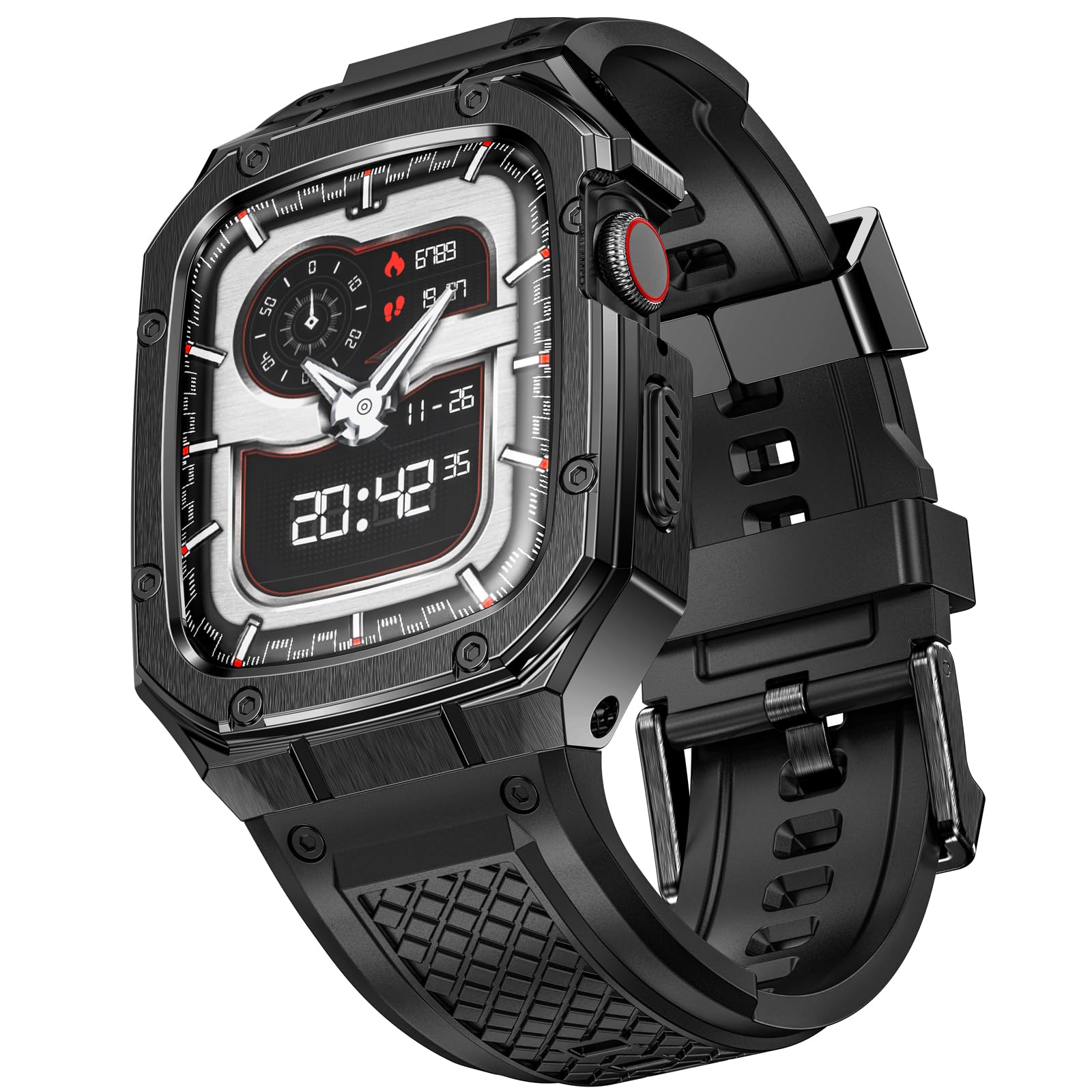 SUPLINK Silicone Band with Stainless Steel Case Compatible with Apple Watch Series 11 42mm Band/Apple Watch Series 10 42mm Bands, Metal Rugged Protective Bumper for iWatch Bands Men, Black Image