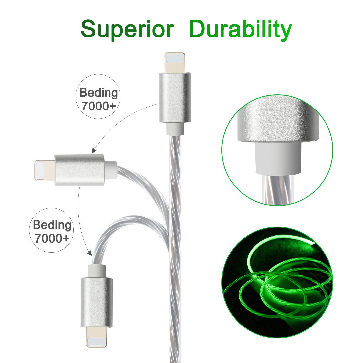 Light Up Phone Charging Cable Compatible for Phone Xs/XR/X/8/6/Pad More,Momen LED Flowing Charging Cord 6ft/2M (Green Light)