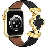 MOINSPIRE Designer Slim Leather Bands for Women,Lucky Four-Leaf Clover Cute Dressy Magnetic Watch Bands for iwatch Compatible with Apple Watch Series 11/10/9/8/7/6/5/4/3/2/1 SE 1/2/3 Ultra 1/2/3