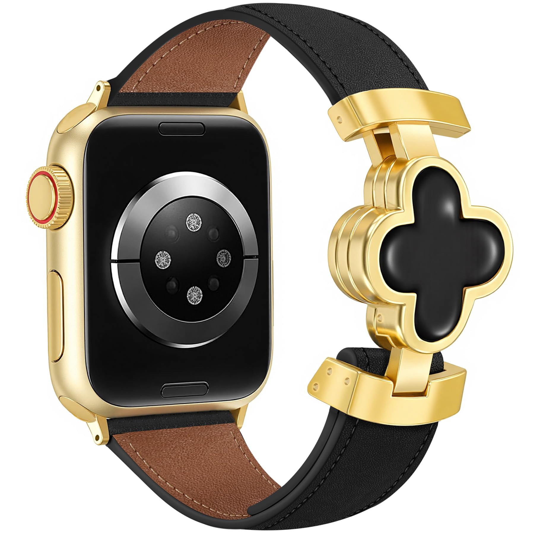 MOINSPIRE Designer Slim Leather Bands Compatible with Apple Watch 42mm(S123)44mm 45mm 46mm 49mm for Women, Four-Leaf Clover Dressy Magnetic Watch Band for iwatch Series Ultra/SE11/10/9/8/7/6/5/4/3/2/1