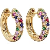 MEVECCO Dainty Women Gold CZ Huggie Hoop Earrings 18K Gold Plated White Multicolor Diamond Cubic Zriconia Inlay Sleeper Tiny Delicate Boho Beach Simple Handmade Jewelry for Her
