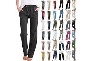 SDOHIG Linen Pants Women Summer Casual Straight Leg Pant Drawstring Elastic Waist Lounge Trousers Loose Comfy Palazzo Pants