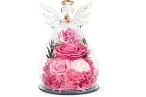 FIACO Gifts for Women Preserved Rose Forever Flower in Glass Angel Figurines Fresh Flowers for Delivery Prime Mothers Day Birthday Gifts for Mom Real Pink Roses for Grandma Sister Wife Her from Daughter
