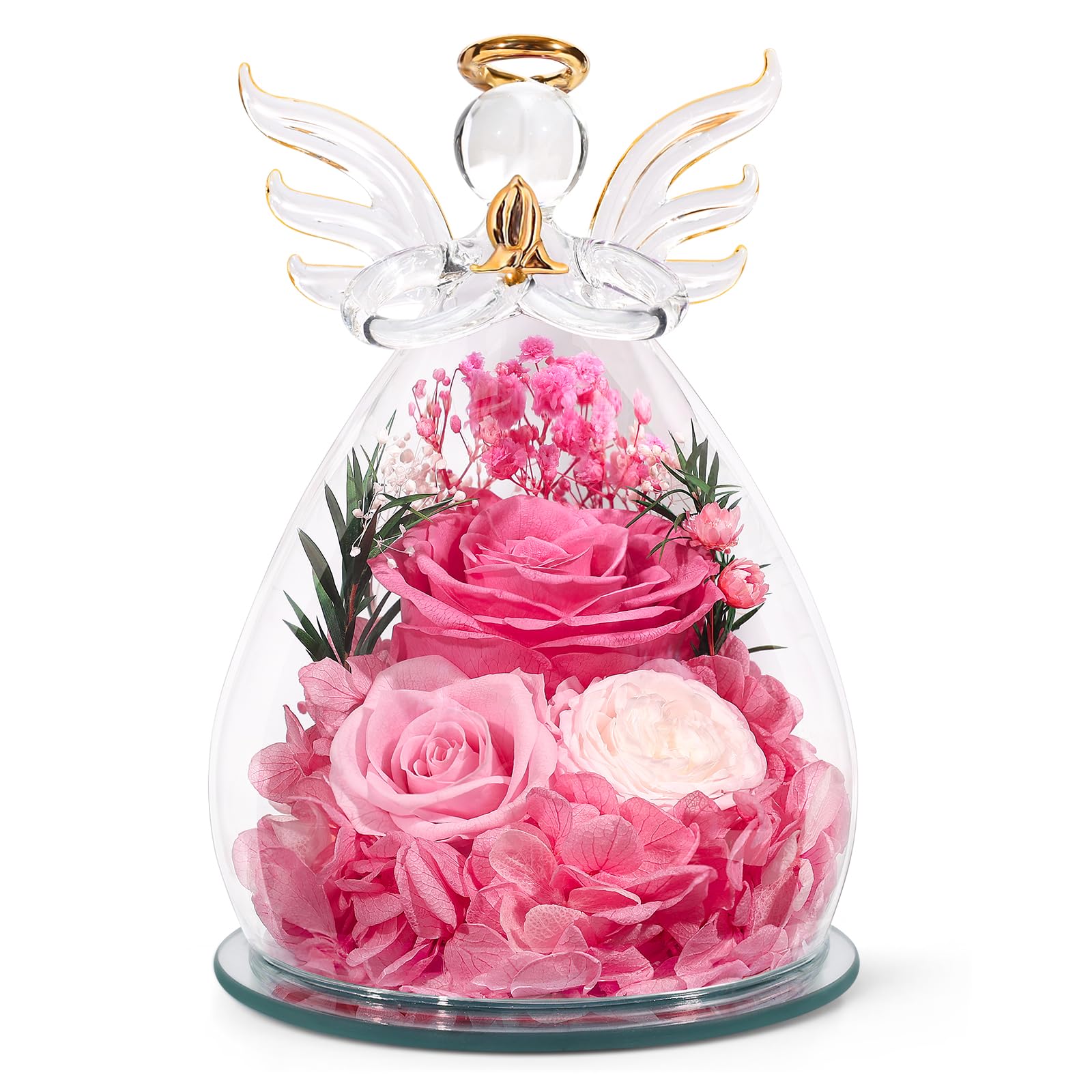 Photo 1 of Gifts for Women Preserved Rose Forever Flower in Glass Angel Figurines Fresh Flowers for Delivery Prime Mothers Day Birthday Gifts for Mom Real Pink Roses for Grandma Sister Wife Her from Daughter