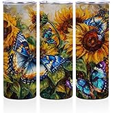 Sunflowers Butterfly 20 oz Skinny Tumbler Stainless Steel Slim Insulated Tumblers Straight Tumbler Cups Coffee Mug Thermal Travel Cup with Lid, Christmas Birthday Sunflower Gifts for Women Bestie
