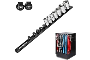 PINOZE 1/2" Magnetic Socket Holder Organizer - Aluminum Alloy Socket Rail Tray for Tool Box Drawer, Socket Rack with Extra 2Pcs Replacement Clips for Automotive Garage(Black)