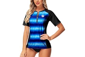 AOBUTE Women Zip Rash Guard UPF 50+ Gradient Short Sleeve Swim Top Surf Shirts