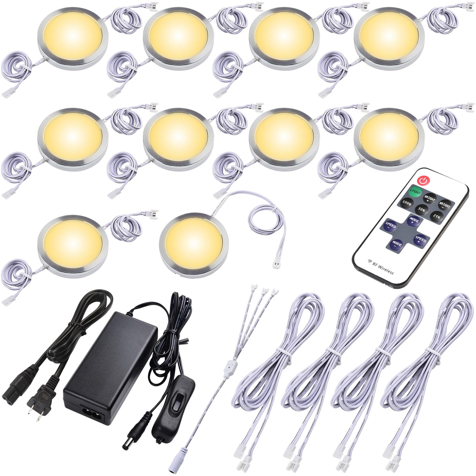 Photo 1 of Lvyinyin Round LED Puck Lights, Liquor Under Cabinet Accent Light Kit, 110 Volt Hard Wire & Plug in, Daisy Chain Linkable, Wireless RF Remote Control Dimmable, White Cords, Warm White, 10 Lights