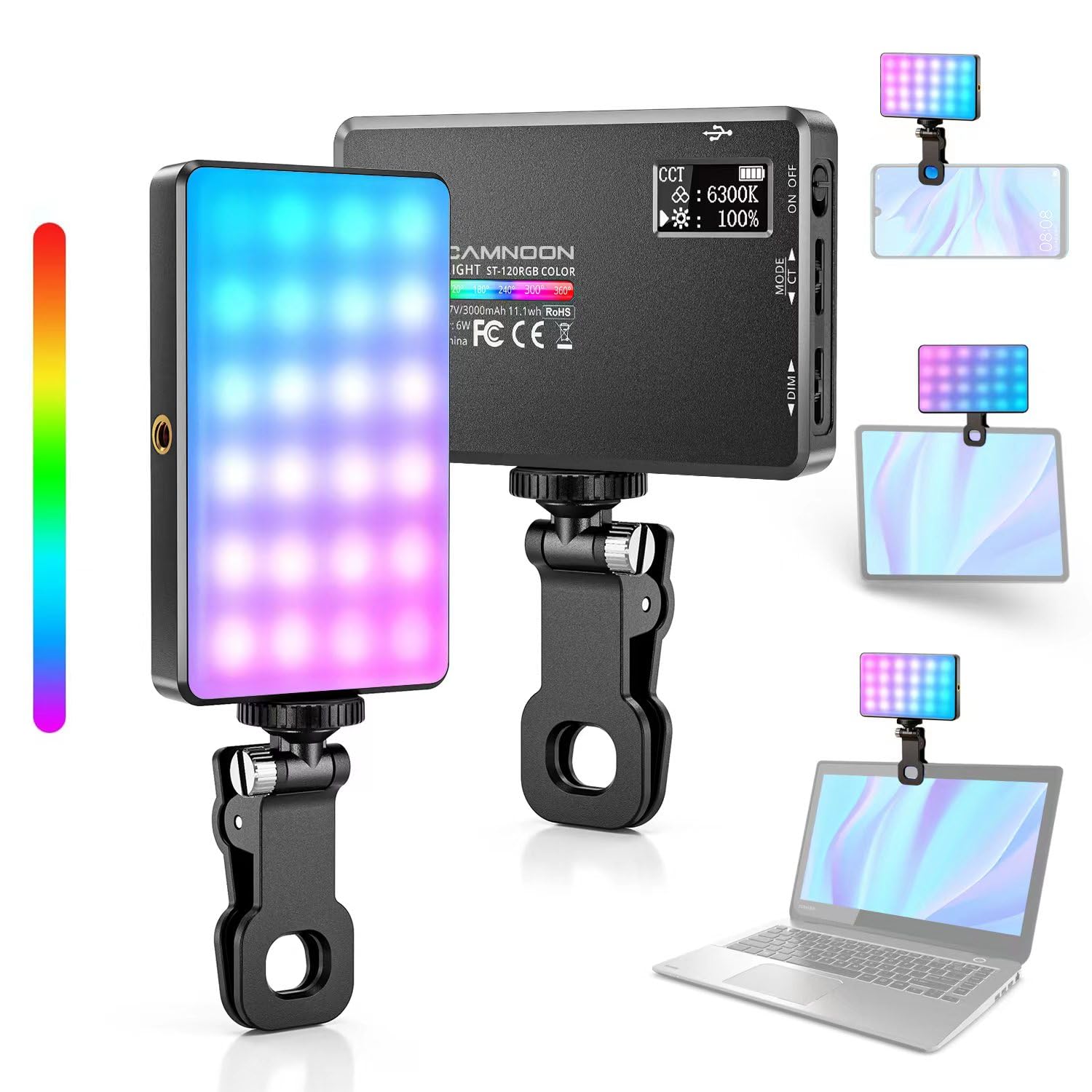 Video Light LED with Clip, Camnoon Selfie Streaming Light with 120 LED Beads 1000Lux, 2500K-9000K, 20 Scenario Light Effects, 117G Portable Camera Light for Outdoor Mobile/Vlog/Photography/Tiktok
