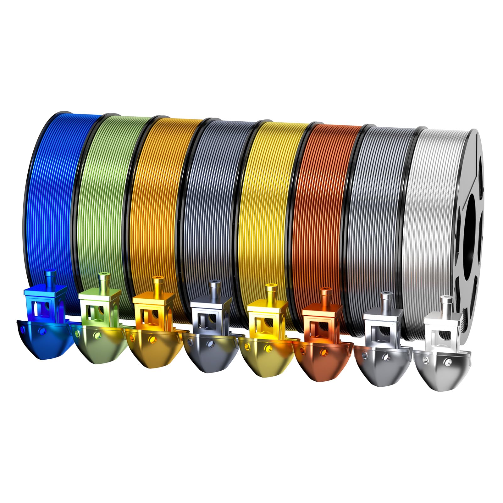 Photo 1 of 8-Color Silk PLA Filament Bundle for 3D Printers (1.75mm, 250g/Spool, 272 FT Total) - Black Grey, Bright Gold, Pharaonic Gold, White, Copper, Bronze, Sapphire Blue, Silver Grey, Low Warping, 2 kg