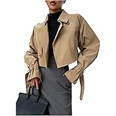 Floerns Women's Double Breasted Buckle Lapel Long Sleeve Cropped Trench Jacket