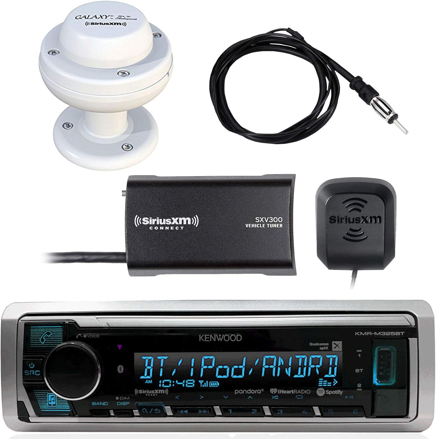 Kenwood Marine In-Dash Digital Media Receiver w/ Bluetooth, and SiriusXM SXV300v1 Satellite Radio Tuner Kit, Shakespeare SRA-50 Galaxy Satellite Antenna, Enrock Marine EKMR2 Antenna