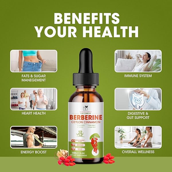 BERBERINE SUPPLEMENT LIQUID DROPS, BERBERINE 1500MG WITH CEYLON CINNAMON, TURMERIC, RESVERATROL, BITTER MELON, VEGAN SUPPLEMENT, SUPPORTS IMMUNE SYSTEM & DIGESTIVE SYSTEM – 2 FL OZ