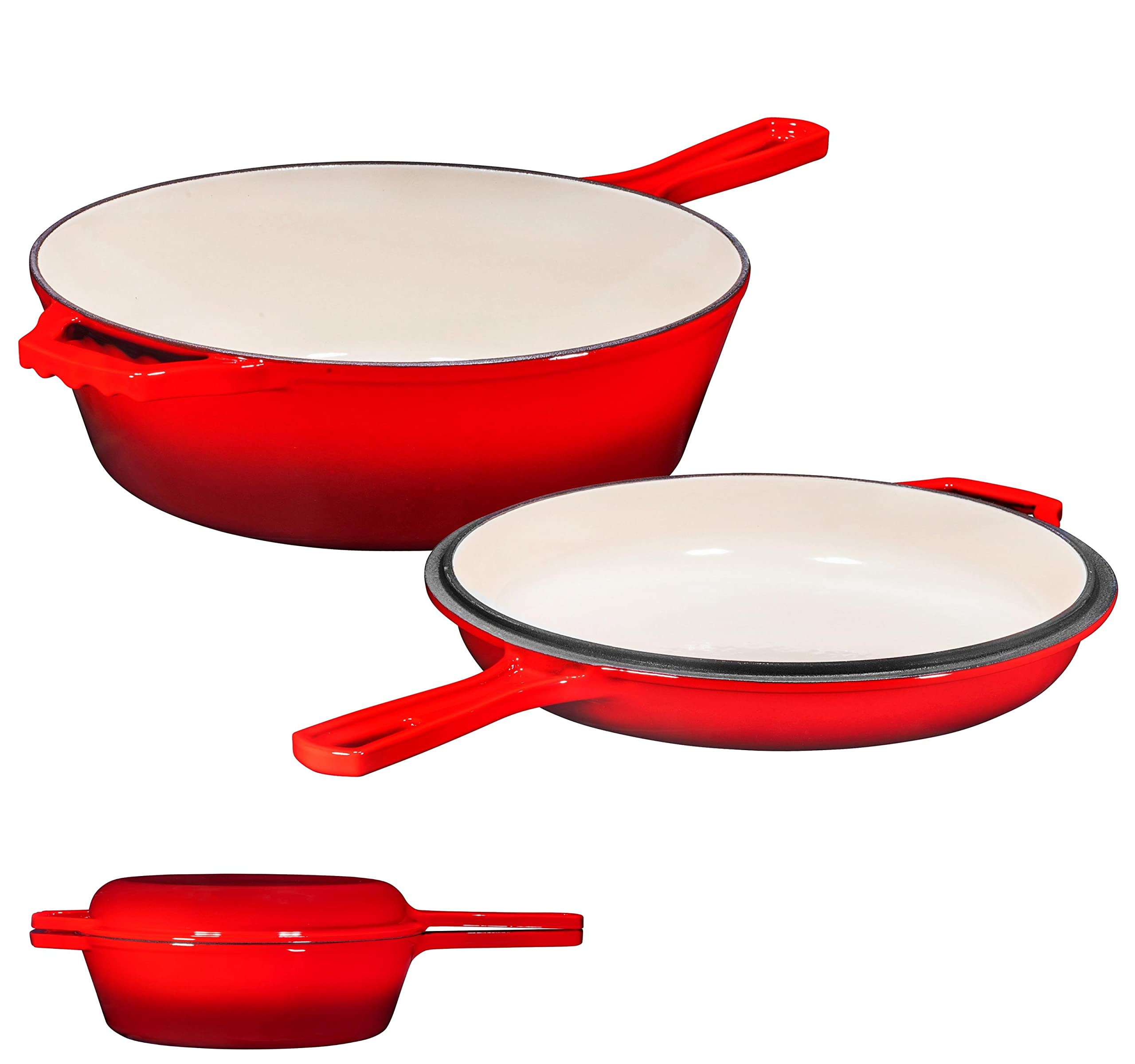 Bruntmor 2 in 1 Enameled cast iron pot with lid, 3QT Cast Iron Dutch Oven & Skillet Combo, Enameled Cast Iron Cookware with Lid, Perfect for Braising, Casseroles and Slow Cooking - Red