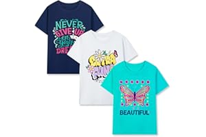 HILEELANG Girl T-Shirts Short Sleeve Graphic Tees Cotton Casual Summer Tops Shirts Packs