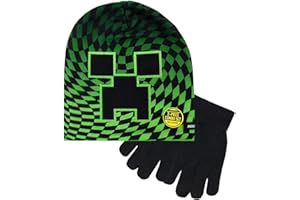 Minecraft Boy's Creeper Checkered 2 piece Kids Hat and Gloves Set