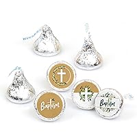 Blue Elegant Cross Circle Stickers - 24 Count Religious Party Labels For Baptism & Communion