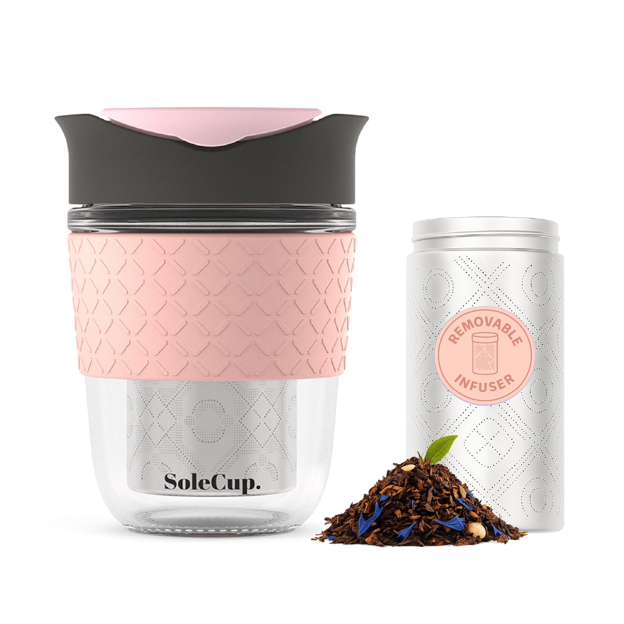 SoleCup. Travel Mug Loose Tea Infuser - Detachable Tea Strainer with Spillproof Lid - BPA-Free Reusable Glass Travel Coffee Cup with Silicone Band (Grey and Pink, 340ml / 12oz)