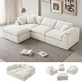 110" Boneless Cloud Couch Sectional for Living Room, Oversized Modular L Shaped Sofa with Ottoman, Deep Seat Chenille Sectional Couch for Cloud-Like Comfort (Luxe White)