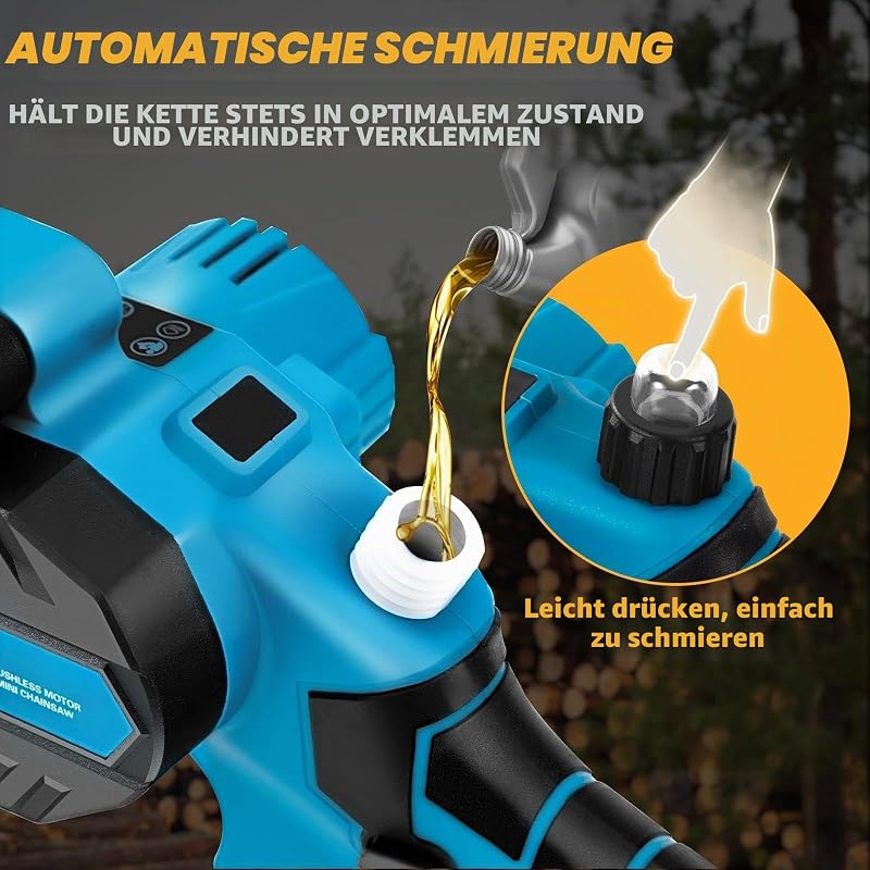 6 Zoll Mini Kettensäge mit Akku,Kettensäge mit 2 * 4000mAh Akku, 1000W Bürstenloser Motor, Öler & Kettens,HandKettensäge für Gartenscheren Astschere Holzschneiden, Geschenke für Männer, Frauen