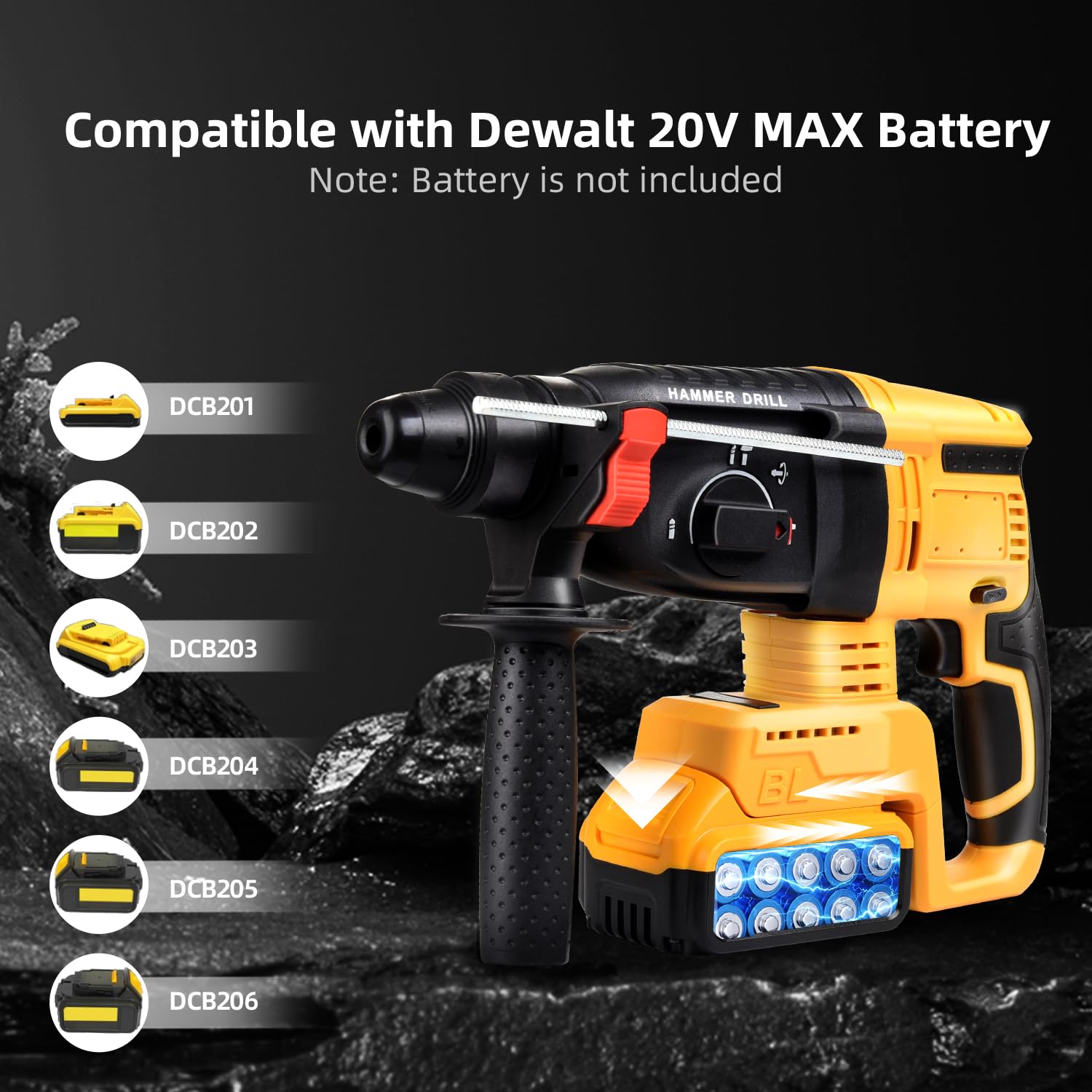 SDS-Plus Cordless Rotary Hammer Drill Compatible with Dewalt 20V Battery(NO Battery) Brushless Motor, Safety Clutch, 4 Functions with 5 Drills and Carrying Case for Concrete/Masonry/Wood/Metal