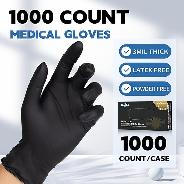 TITENTECH BLACK NITRILE GLOVES, 3.2MIL DISPOSABLE MEDICAL EXAM GLOVE LATEX&POWDER FREE, FOOD PREP, NON-STERILE 1000 COUNT MEDIUM
